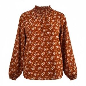 J Crew Rust Orange Floral Smocked High Neck Long Sleeve Lined Blouse Top